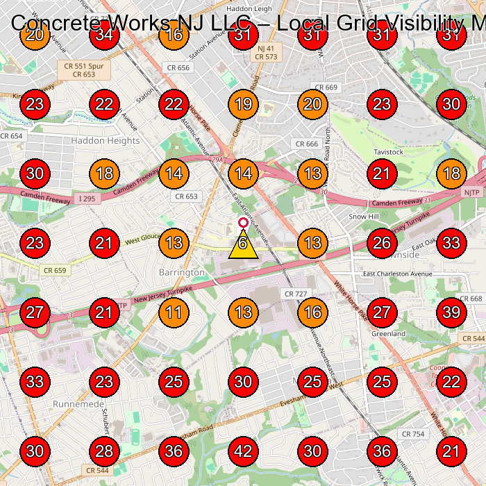Concrete Works NJ LLC GeoGrid visibility map for Woodworker in Barrington